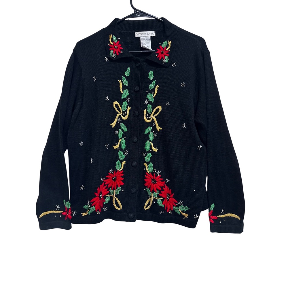 Victoria Jones Black Poinsettia Embroidered Beads Christmas Cardigan Sweater M